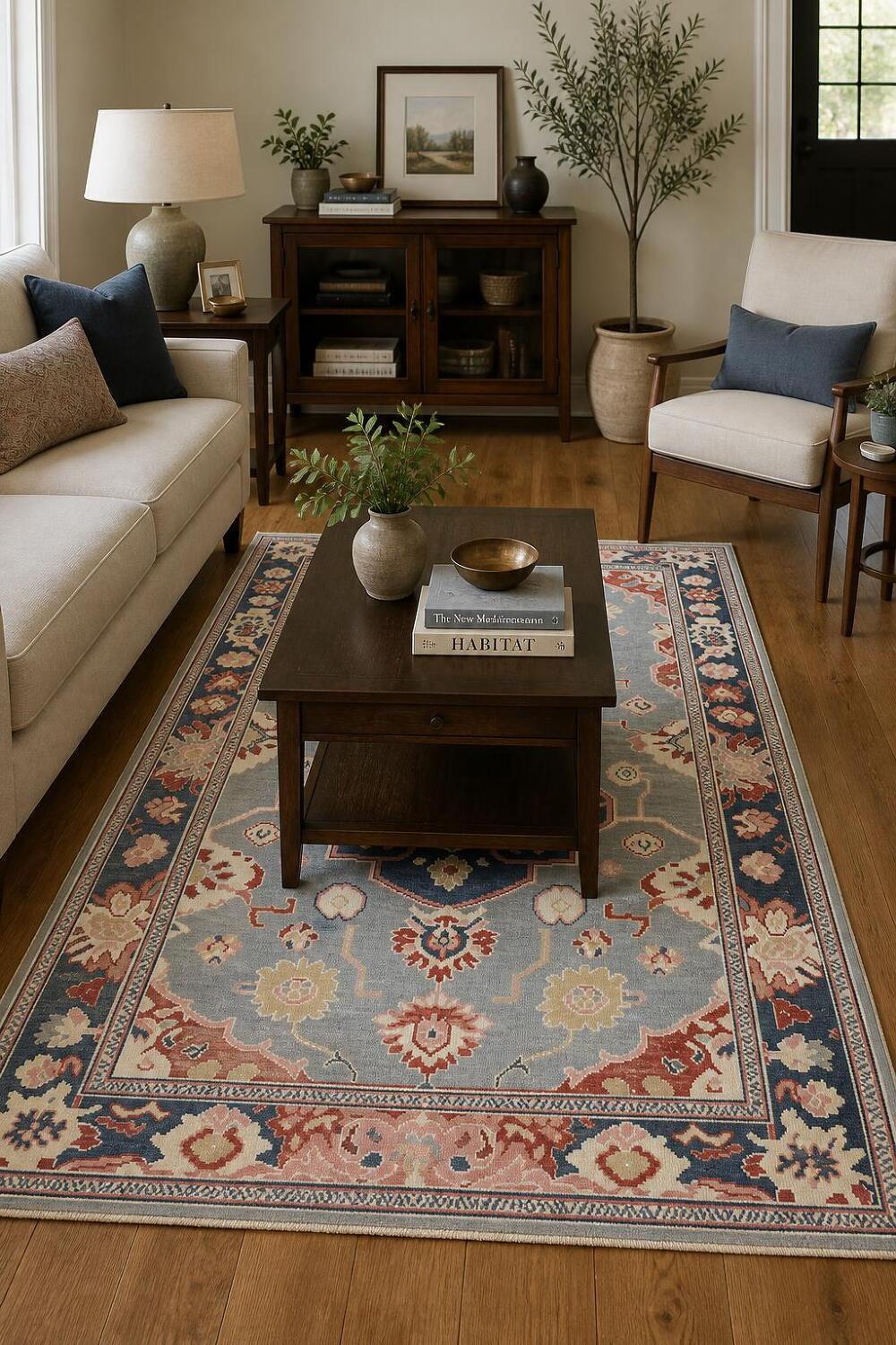 Geometric Grey Oriental Traditional Oushak Turkish Wool Area Rug 5x8