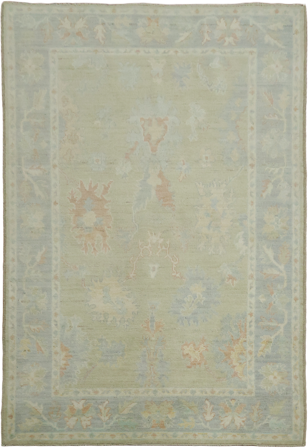Green Muted Vegetable Dye Wool Traditional Oushak Rug 4x6