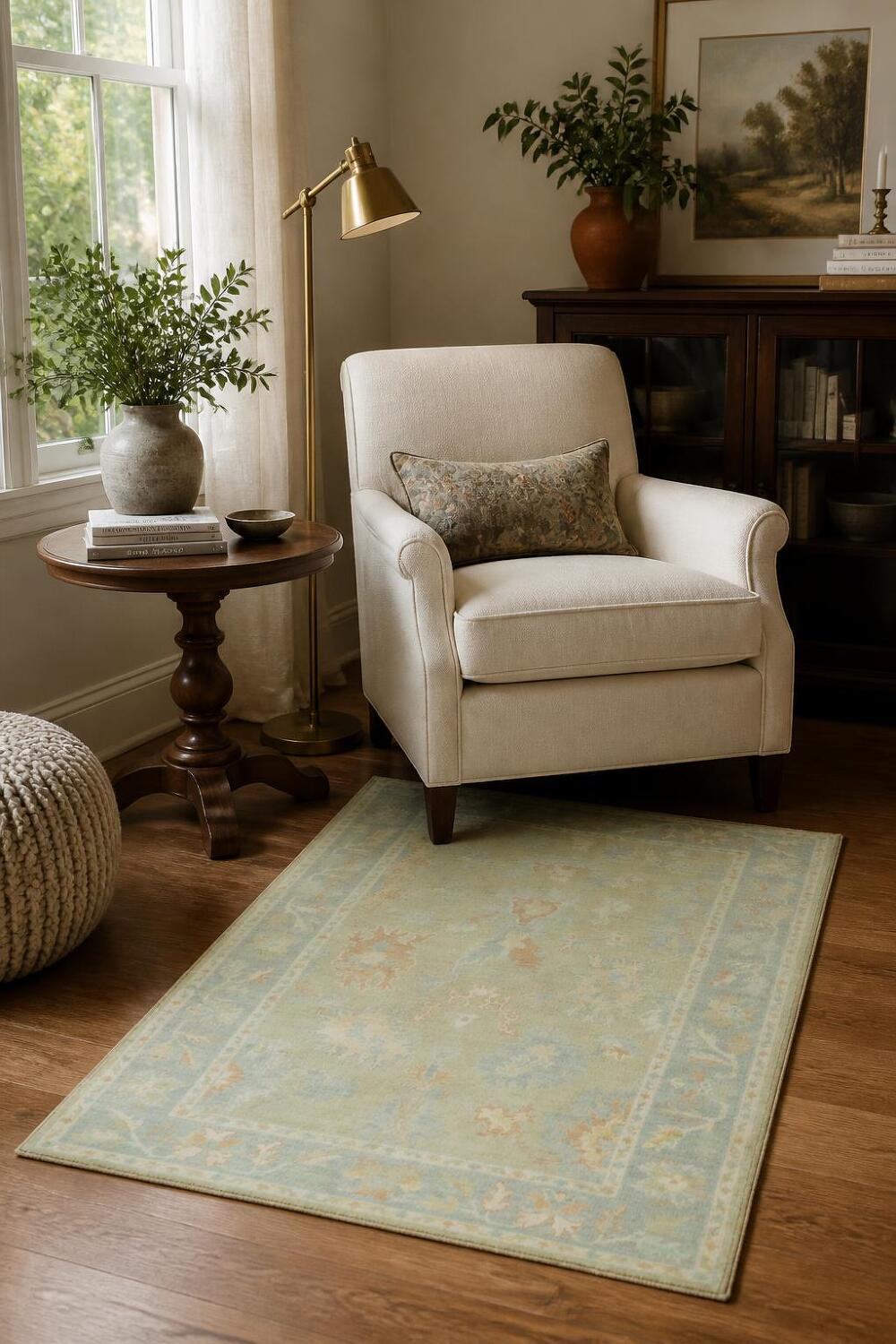 Green Muted Vegetable Dye Wool Traditional Oushak Rug 4x6