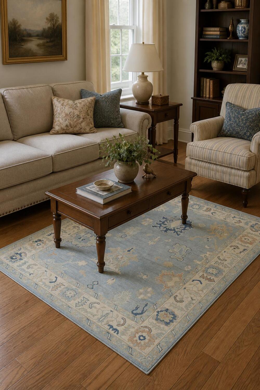 Blue Vegetable Dye Wool Oushak Turkish Rug 5x7