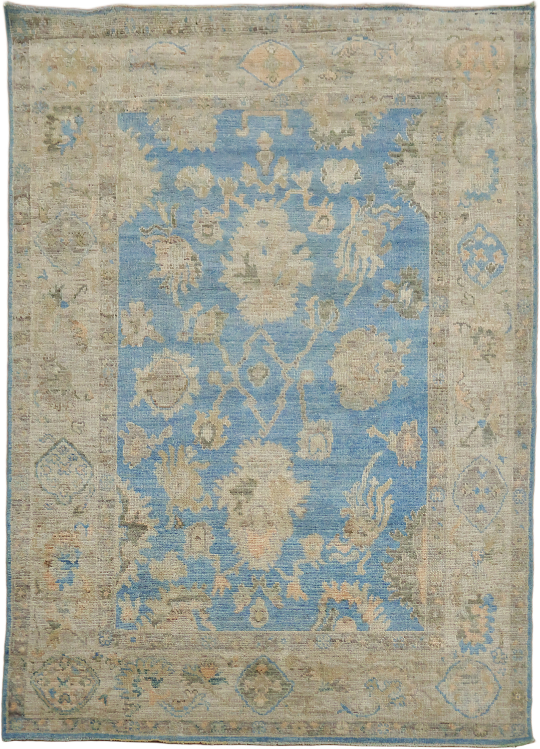 Top Quality Blue Floral Wool Oushak Turkish Rug 5x7