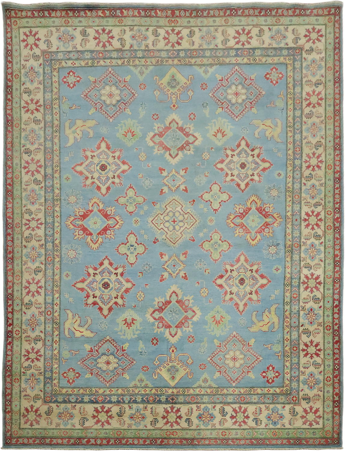 Traditionally designed Kazak Pakistani Rug with blue background 9'x12'