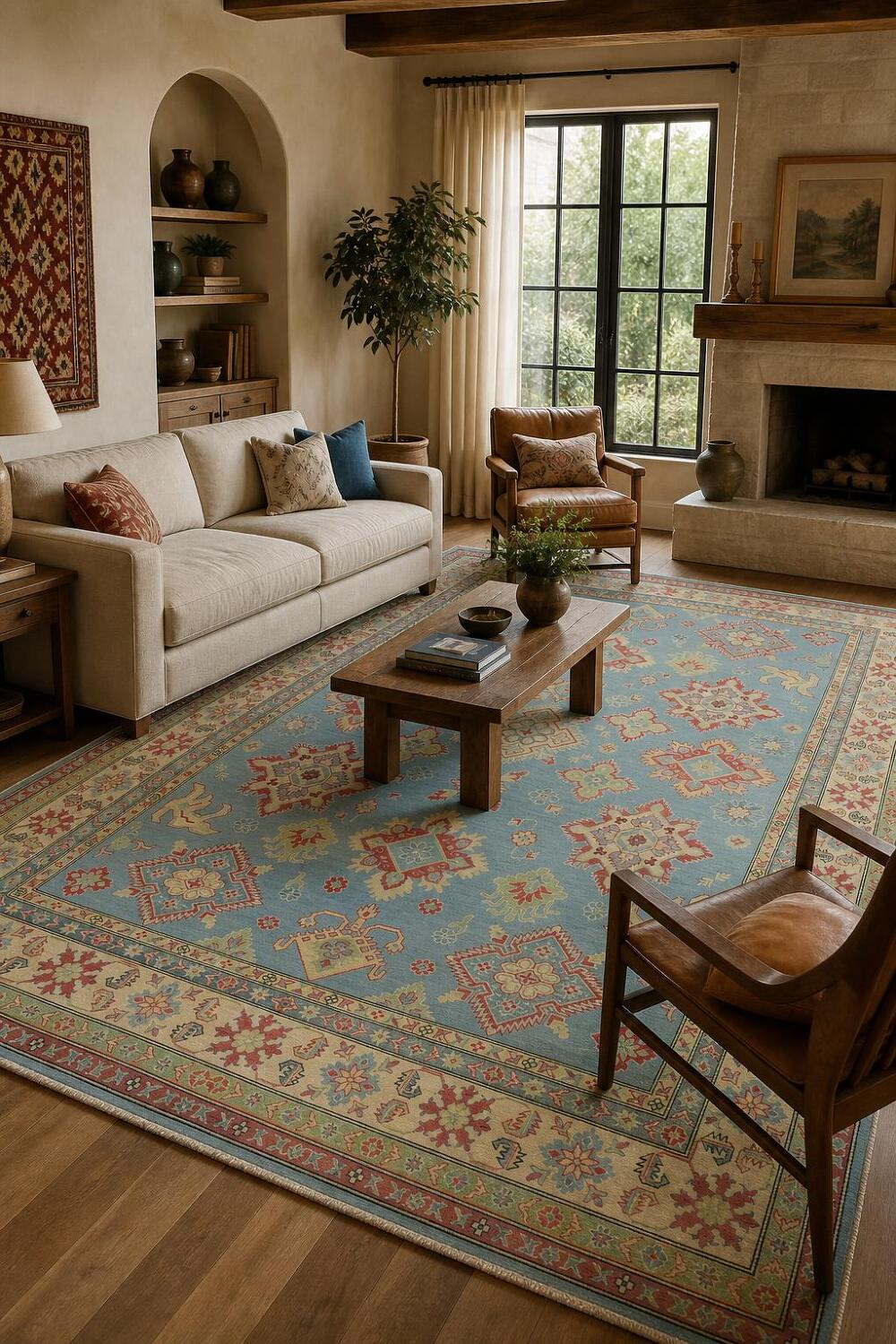 Traditionally designed Kazak Pakistani Rug with blue background 9'x12'