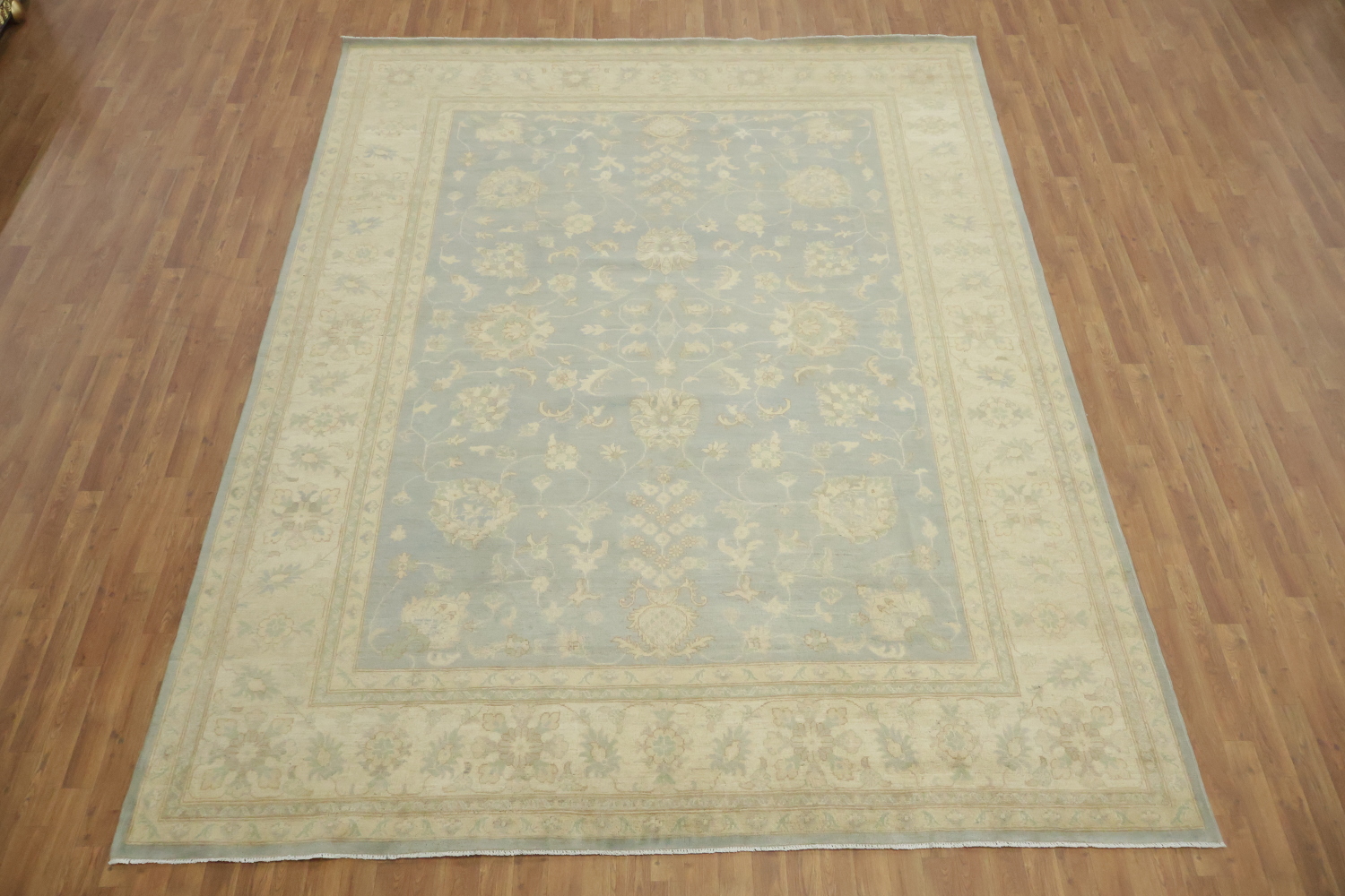 Traditional Patterned Light Blue and Beige Floral Hand-made Rug 9'x12'