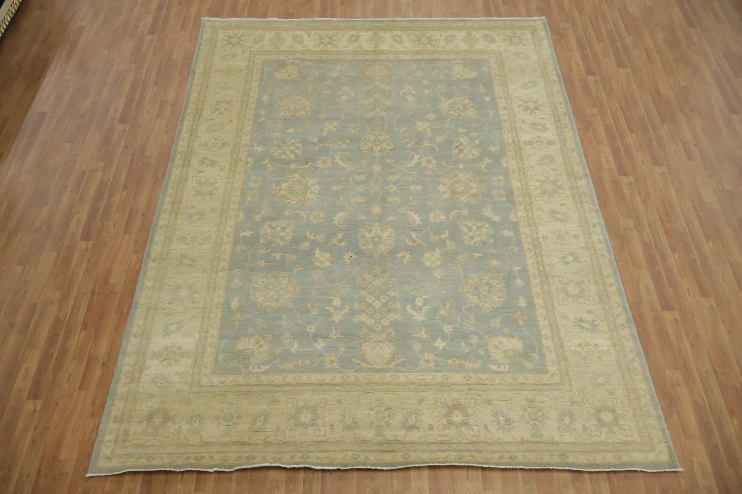 Traditional Patterned Light Blue and Beige Floral Hand-made Rug 9'x12'