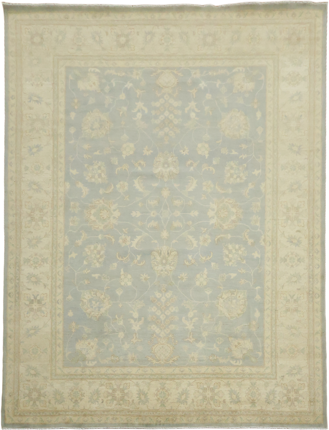 Traditional Patterned Light Blue and Beige Floral Hand-made Rug 9'x12'