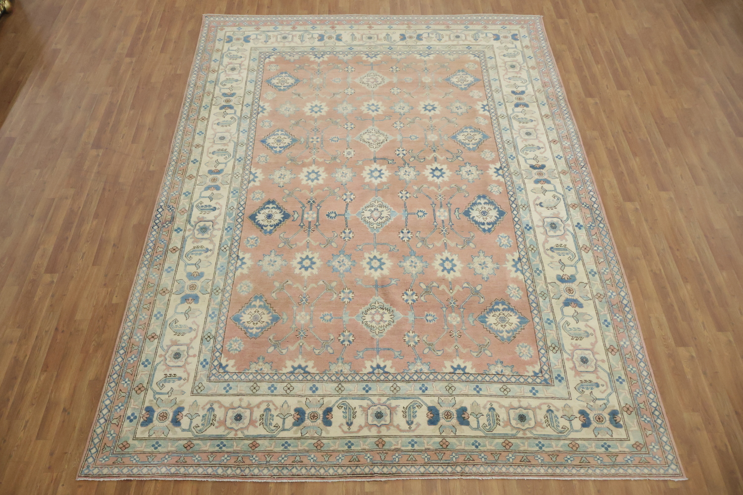 Luxurious Hand-Knotted Pale Coral and Blue Kazak Wool Rug 9'x12'