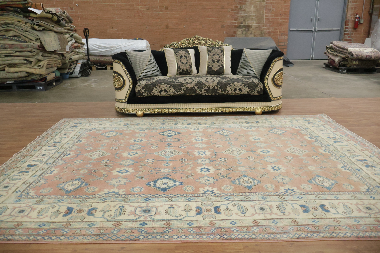 Luxurious Hand-Knotted Pale Coral and Blue Kazak Wool Rug 9'x12'
