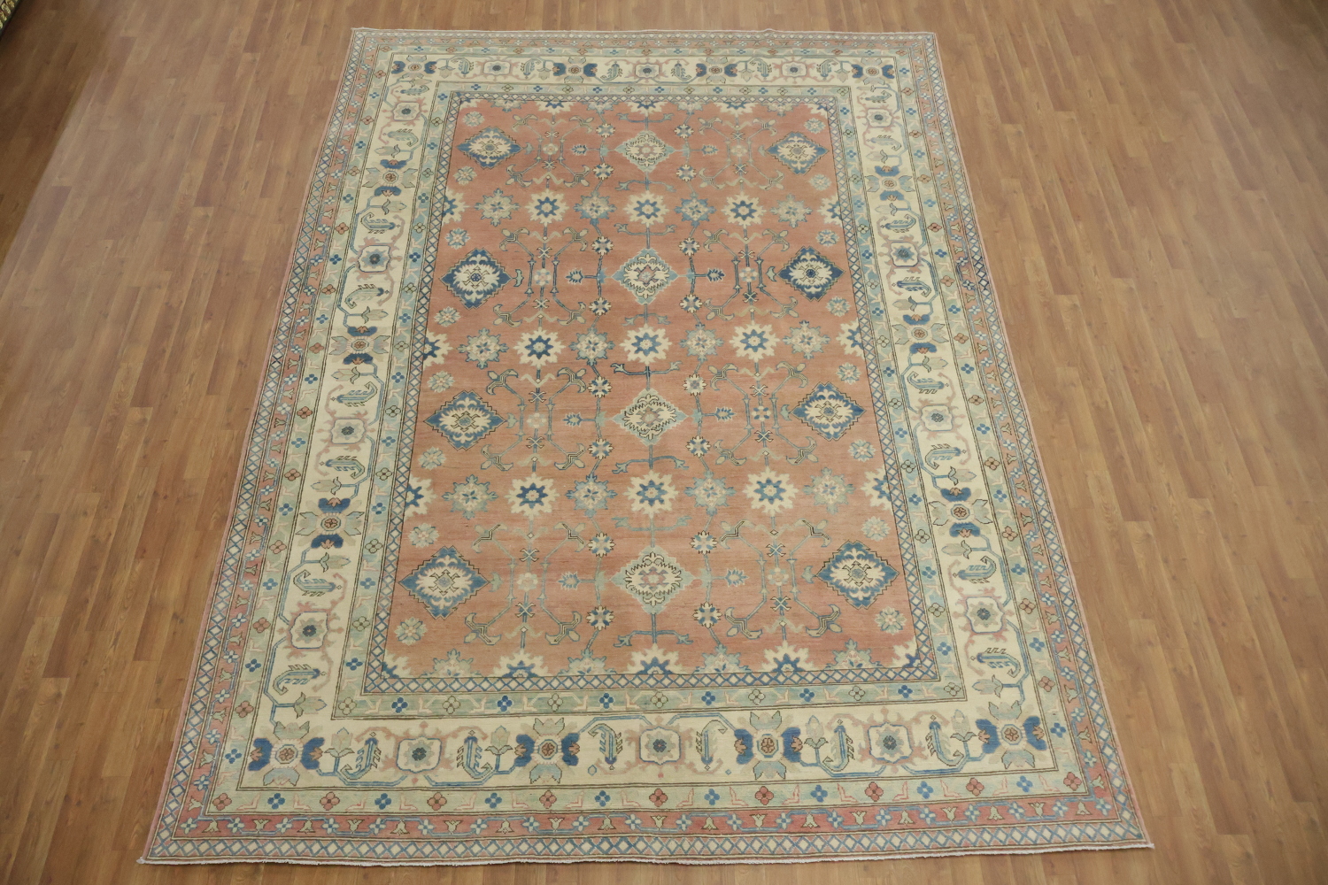 Luxurious Hand-Knotted Pale Coral and Blue Kazak Wool Rug 9'x12'