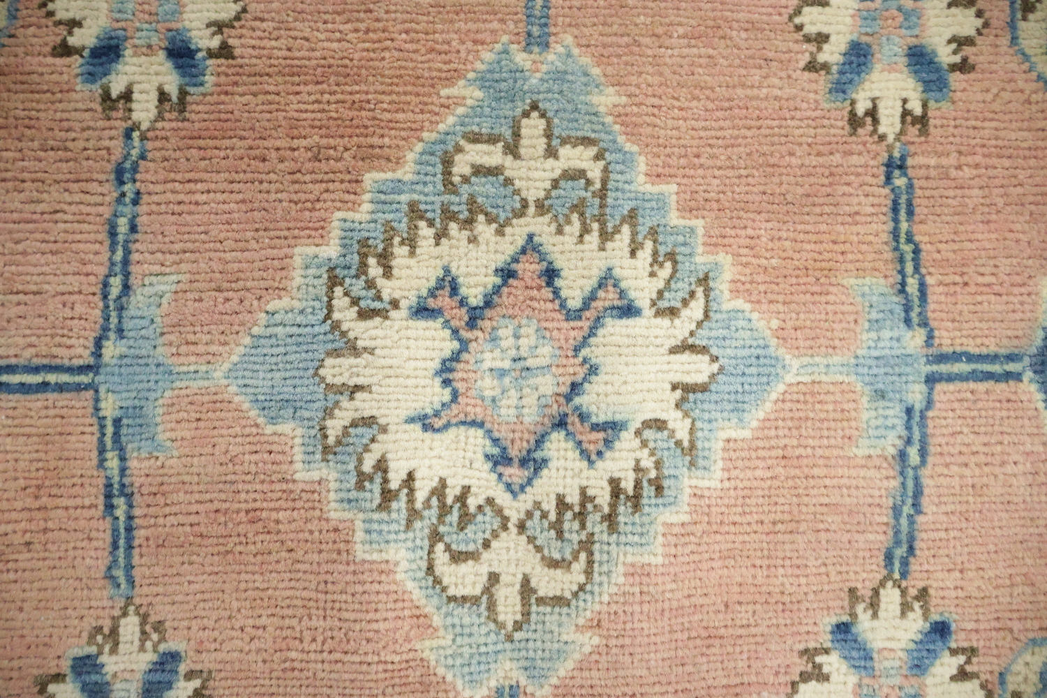 Luxurious Hand-Knotted Pale Coral and Blue Kazak Wool Rug 9'x12'