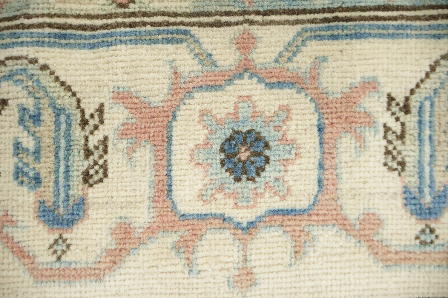 Luxurious Hand-Knotted Pale Coral and Blue Kazak Wool Rug 9'x12'