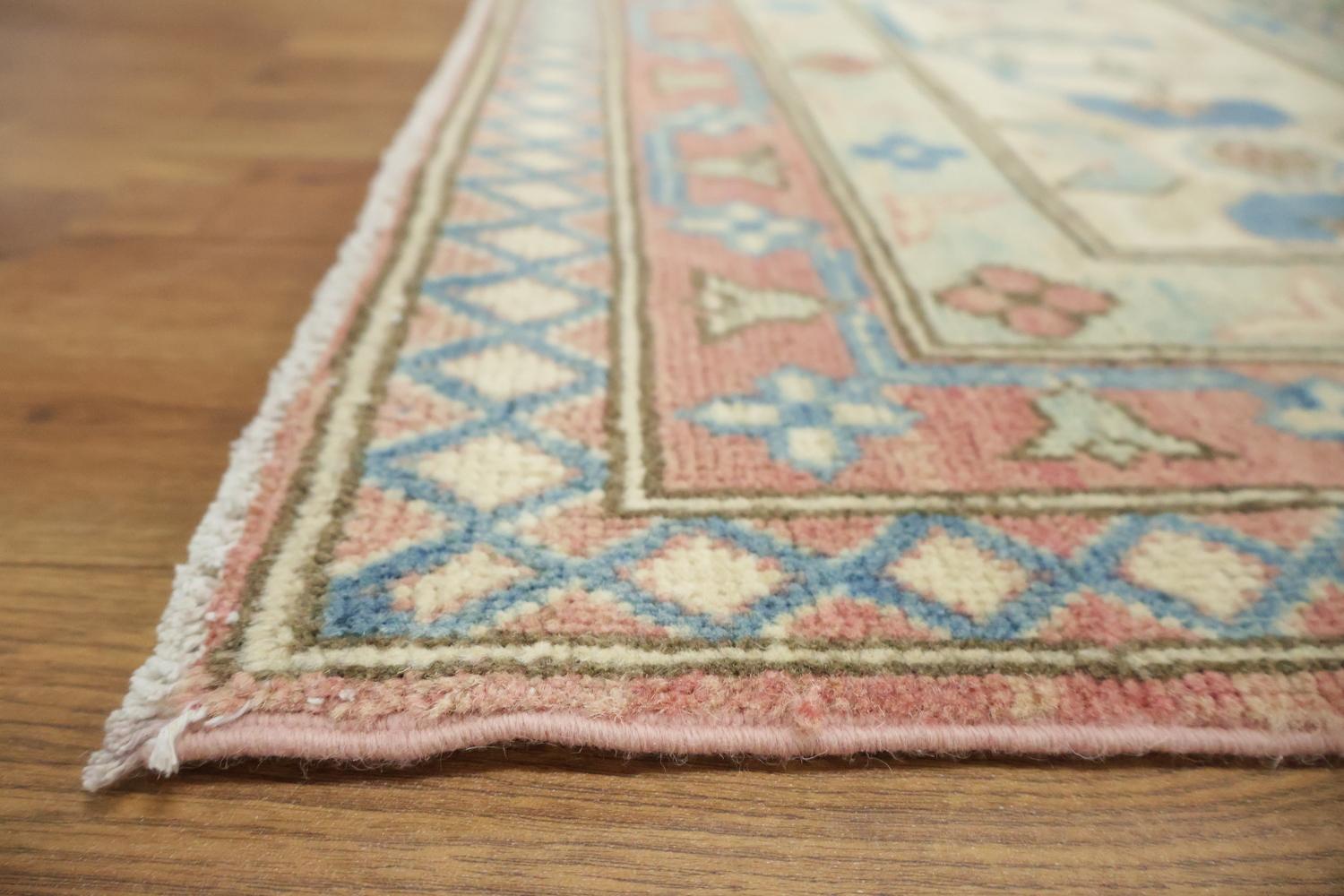 Luxurious Hand-Knotted Pale Coral and Blue Kazak Wool Rug 9'x12'