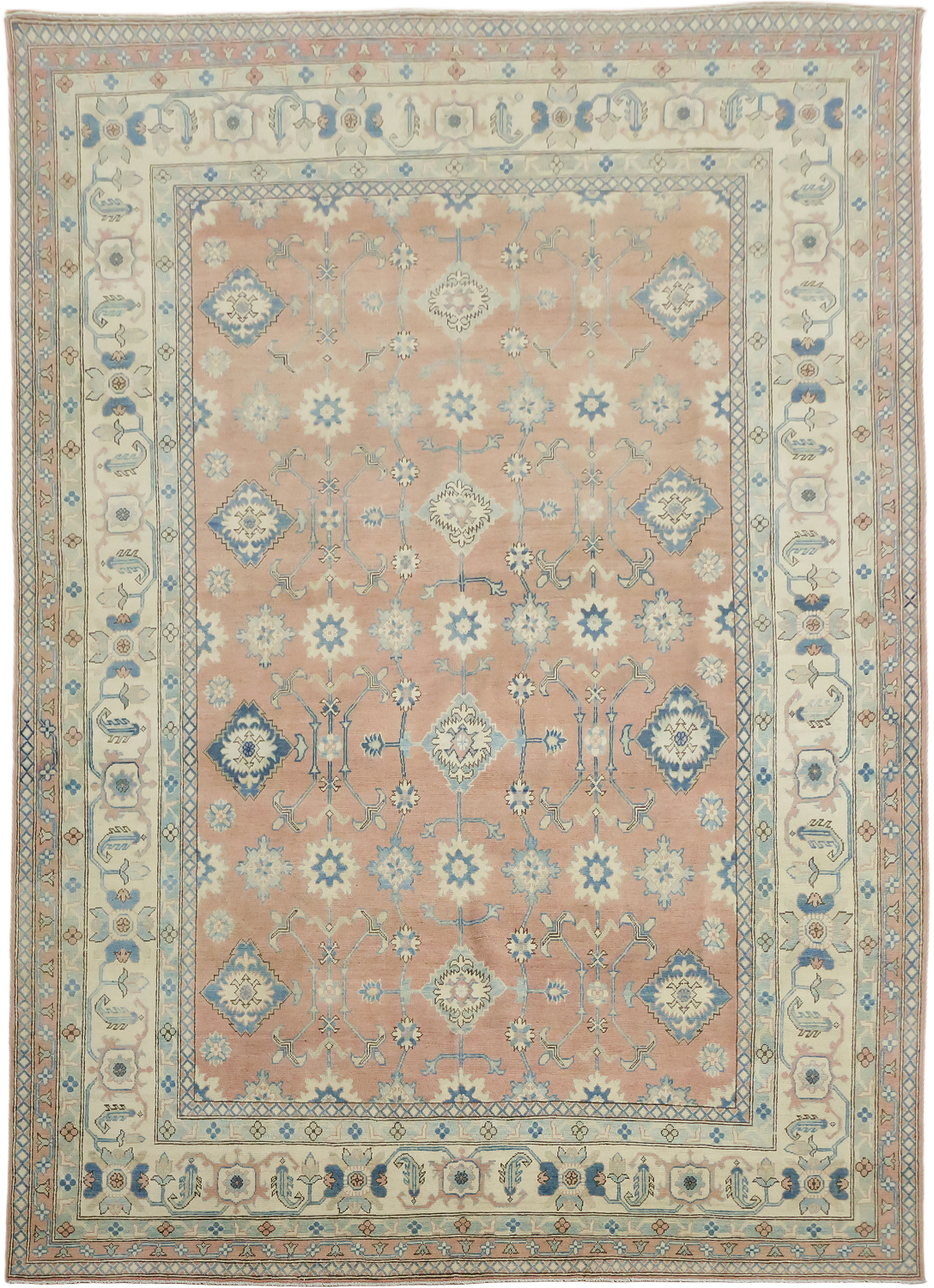 Luxurious Hand-Knotted Pale Coral and Blue Kazak Wool Rug 9'x12'