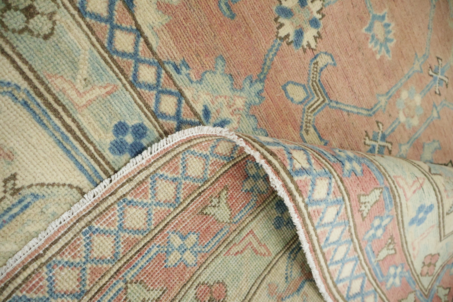 Luxurious Hand-Knotted Pale Coral and Blue Kazak Wool Rug 9'x12'