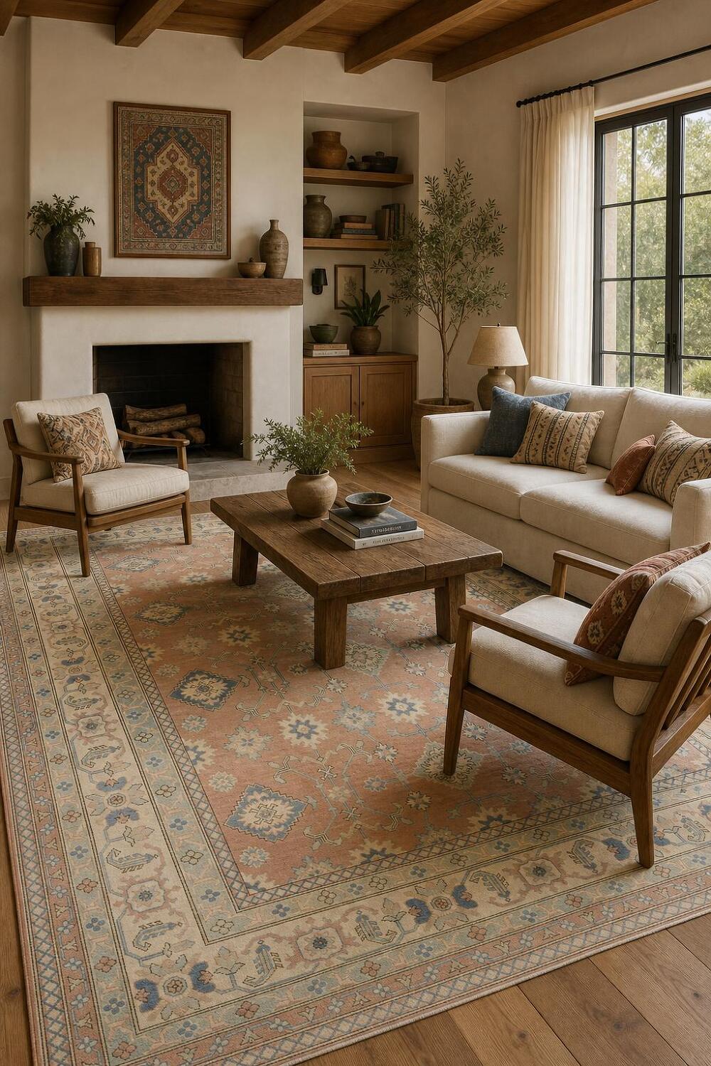 Luxurious Hand-Knotted Pale Coral and Blue Kazak Wool Rug 9'x12'