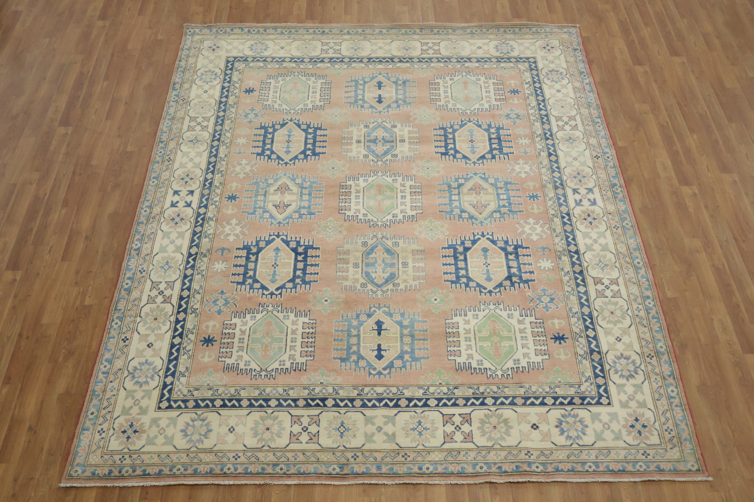 South-western Style Coral Salmon Kazak Handmade Rug in Soft Blue Hues 8x10