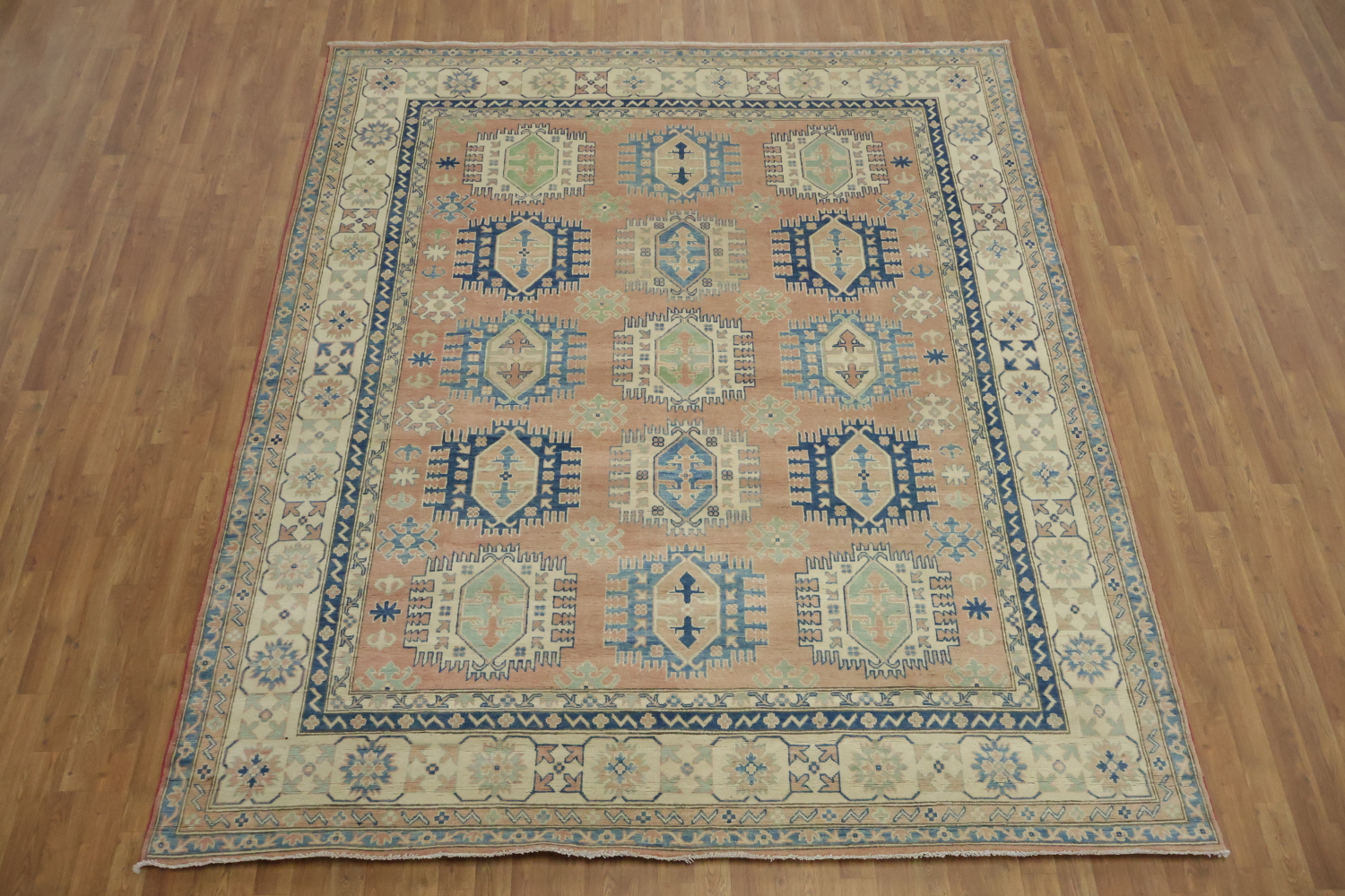 South-western Style Coral Salmon Kazak Handmade Rug in Soft Blue Hues 8x10