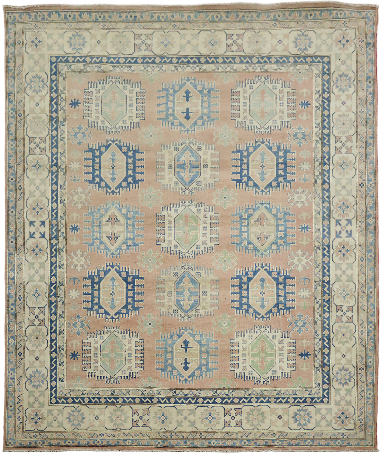 South-western Style Coral Salmon Kazak Handmade Rug in Soft Blue Hues 8x10