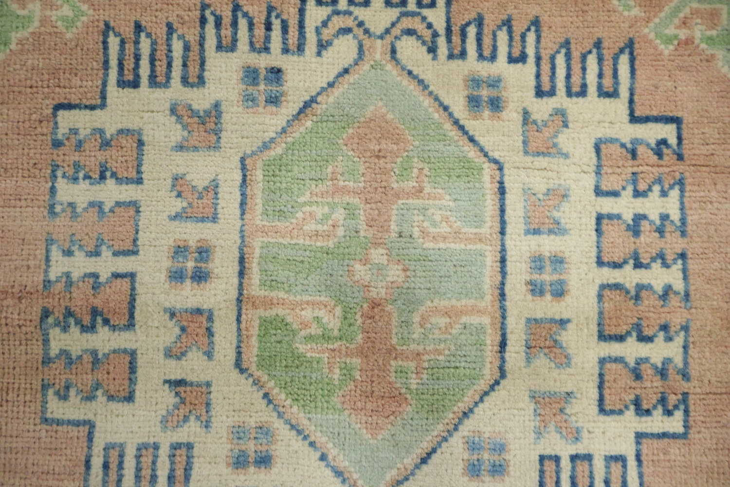 South-western Style Coral Salmon Kazak Handmade Rug in Soft Blue Hues 8x10