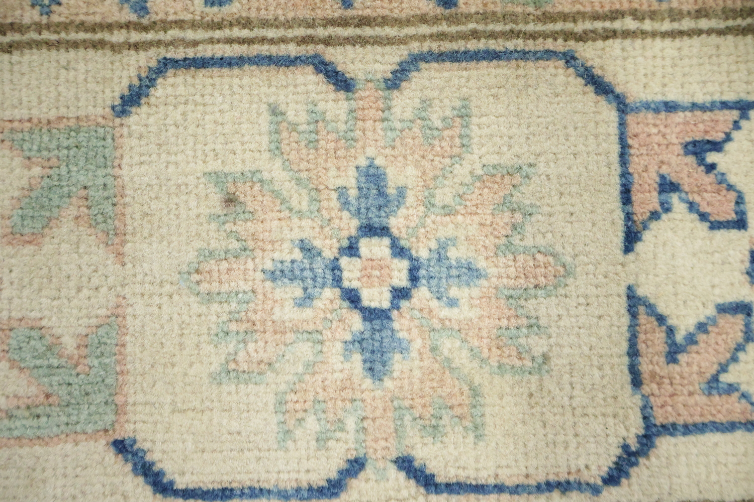 South-western Style Coral Salmon Kazak Handmade Rug in Soft Blue Hues 8x10