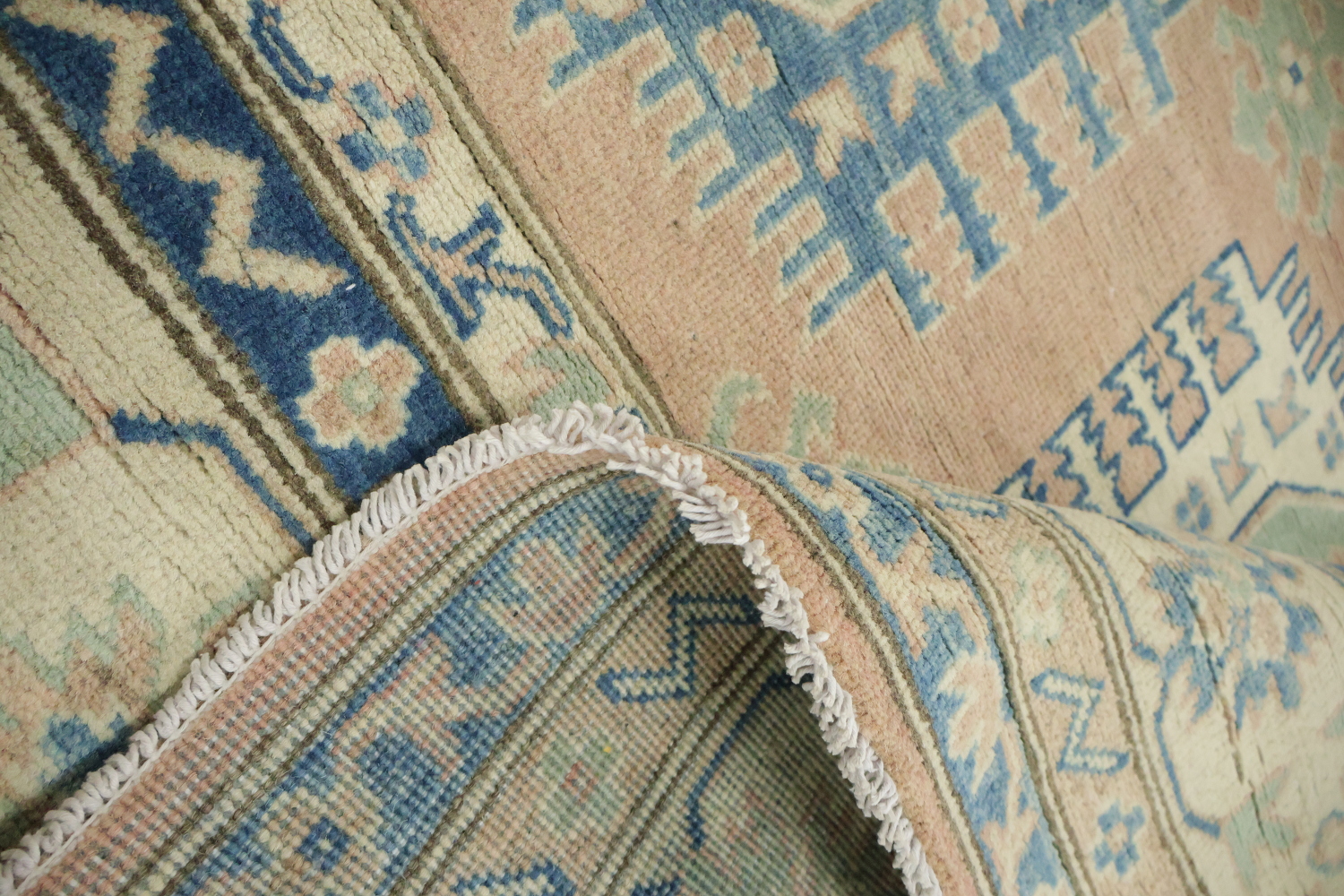 South-western Style Coral Salmon Kazak Handmade Rug in Soft Blue Hues 8x10