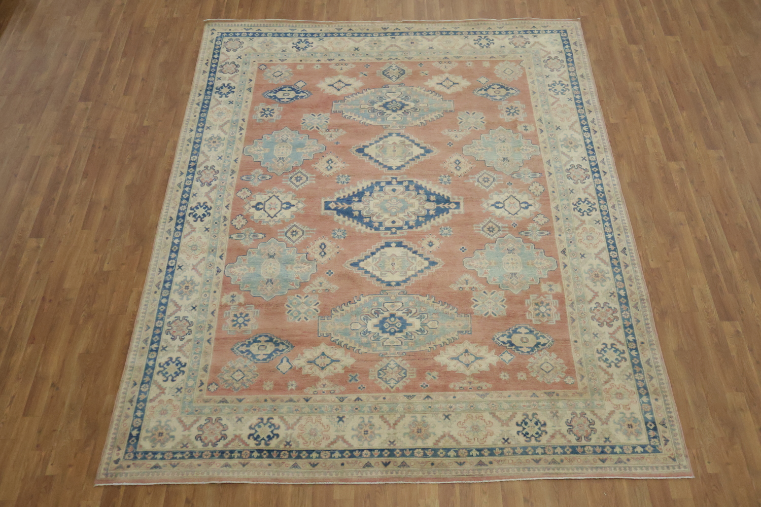 Luxurious Muted Coral Salmon-Pink Kazak South-western Rug with Blue and Beige Accents 8x10