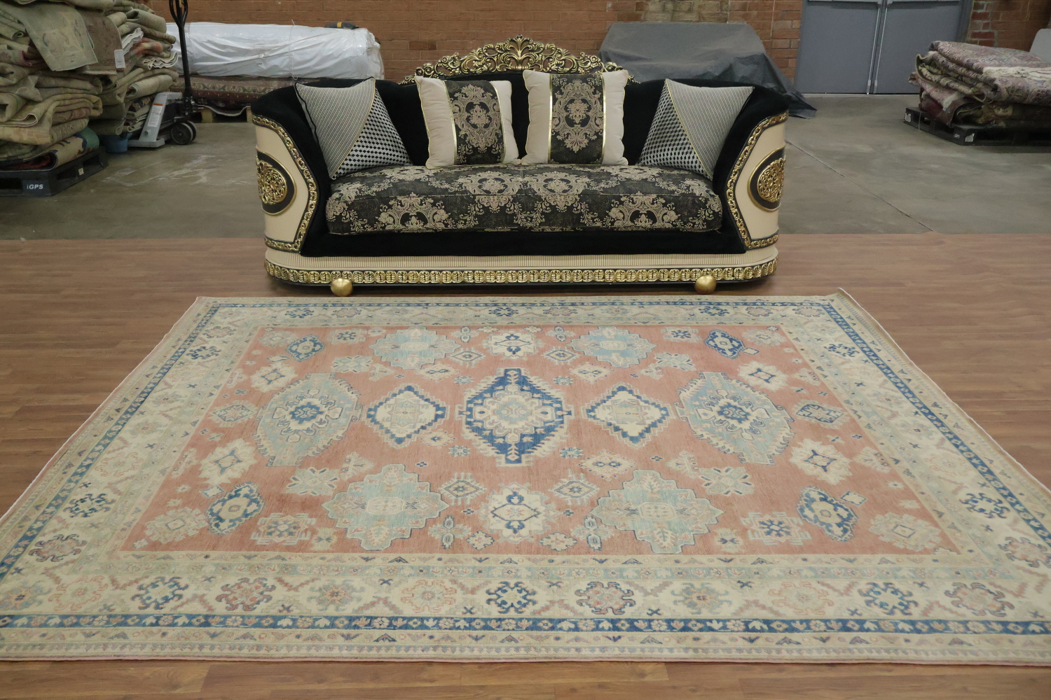 Luxurious Muted Coral Salmon-Pink Kazak South-western Rug with Blue and Beige Accents 8x10