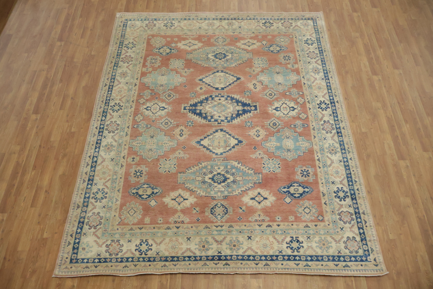 Luxurious Muted Coral Salmon-Pink Kazak South-western Rug with Blue and Beige Accents 8x10