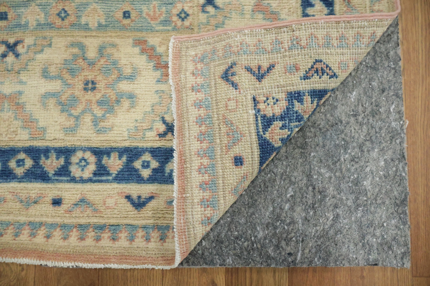 Luxurious Muted Coral Salmon-Pink Kazak South-western Rug with Blue and Beige Accents 8x10