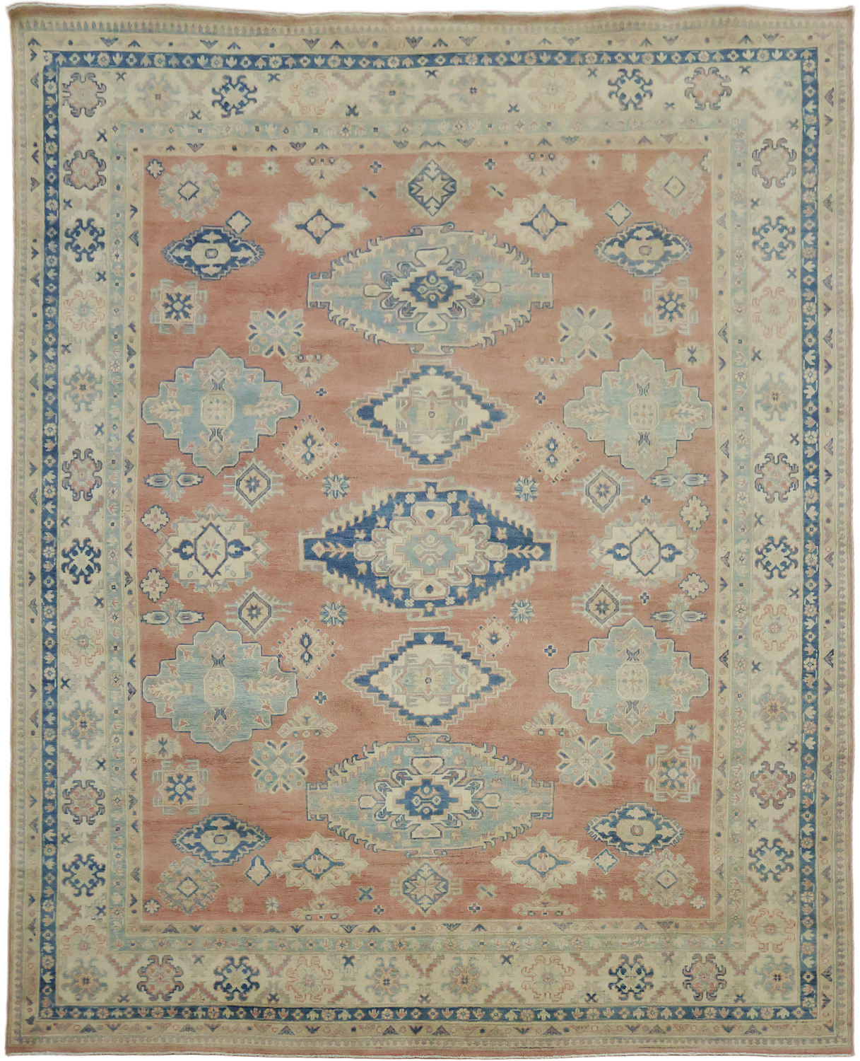 Luxurious Muted Coral Salmon-Pink Kazak South-western Rug with Blue and Beige Accents 8x10