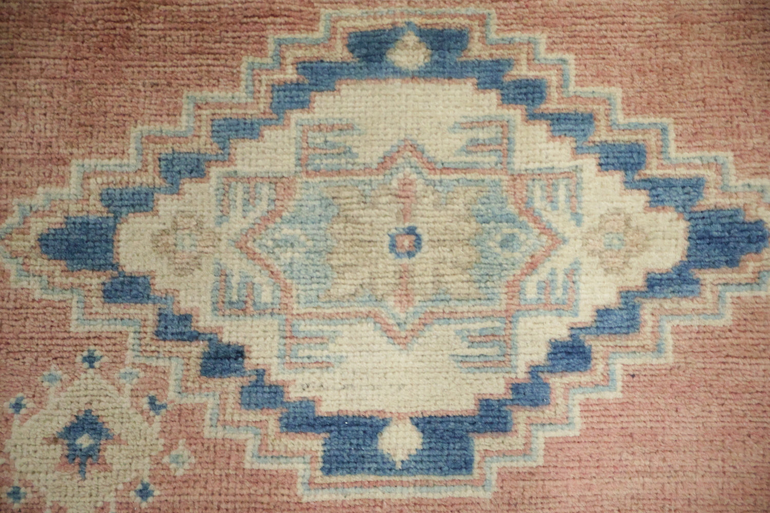 Luxurious Muted Coral Salmon-Pink Kazak South-western Rug with Blue and Beige Accents 8x10