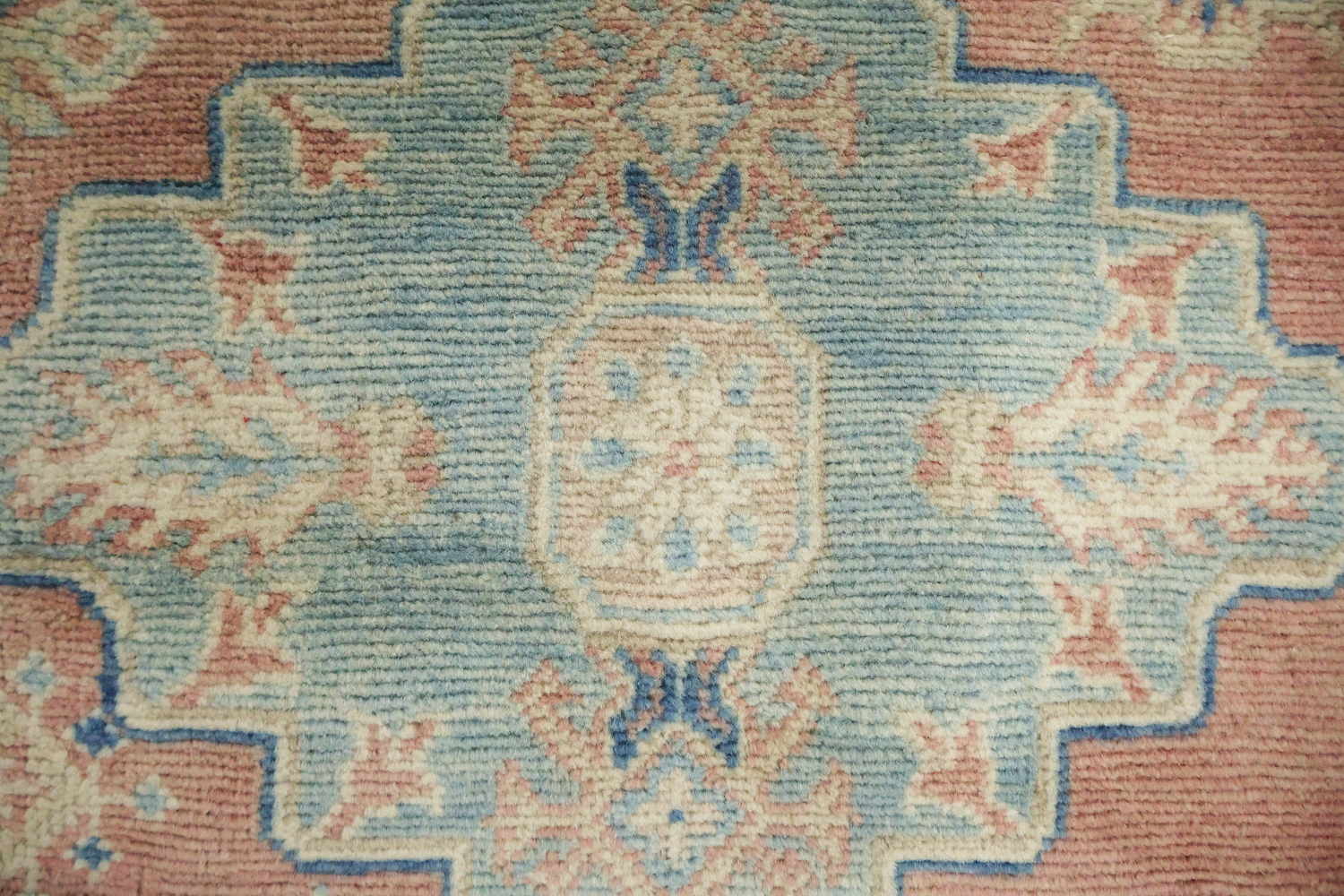 Luxurious Muted Coral Salmon-Pink Kazak South-western Rug with Blue and Beige Accents 8x10