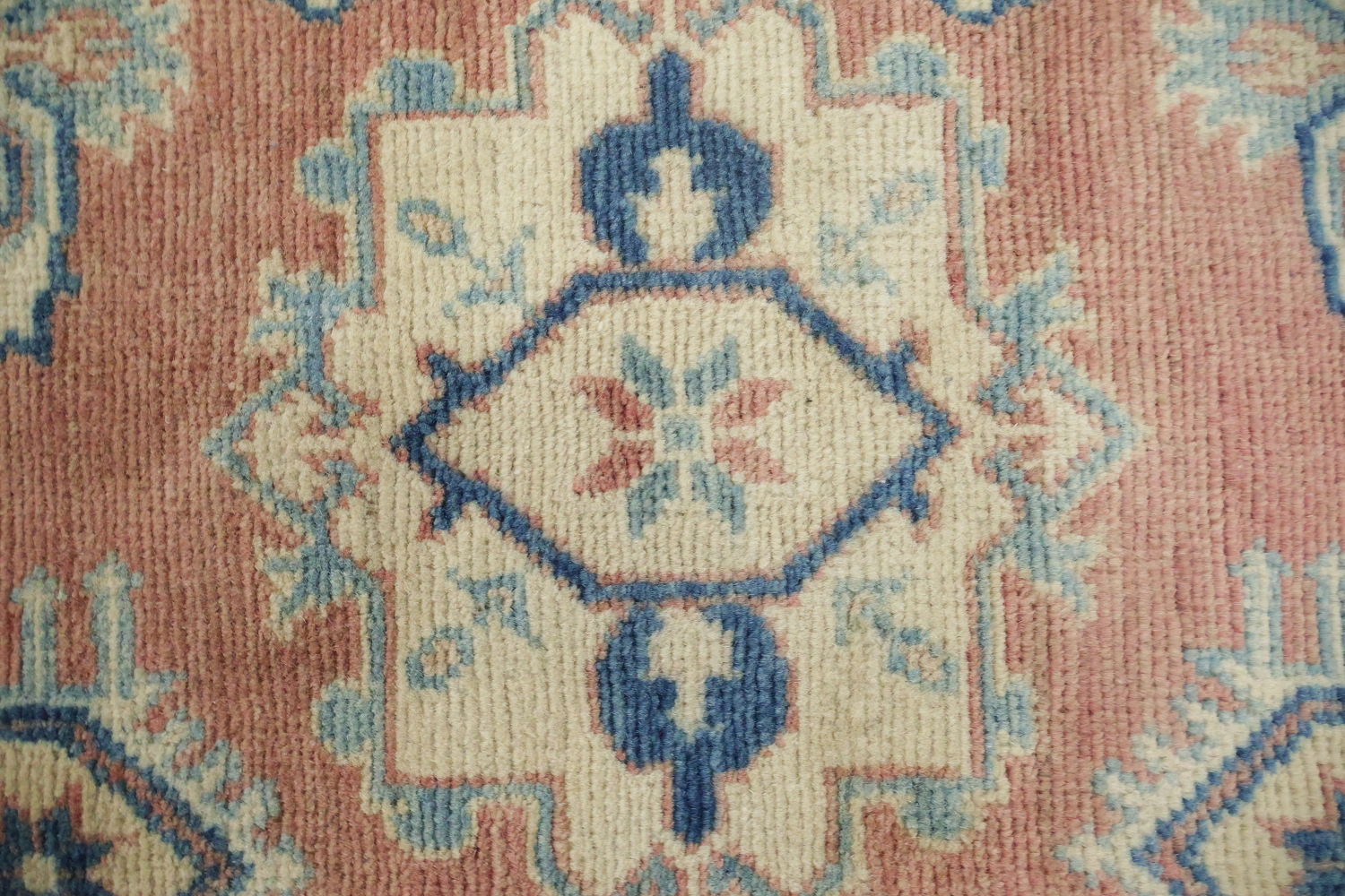 Luxurious Muted Coral Salmon-Pink Kazak South-western Rug with Blue and Beige Accents 8x10