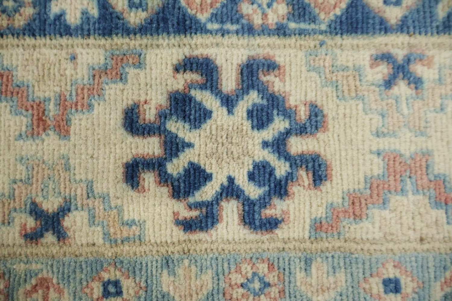 Luxurious Muted Coral Salmon-Pink Kazak South-western Rug with Blue and Beige Accents 8x10
