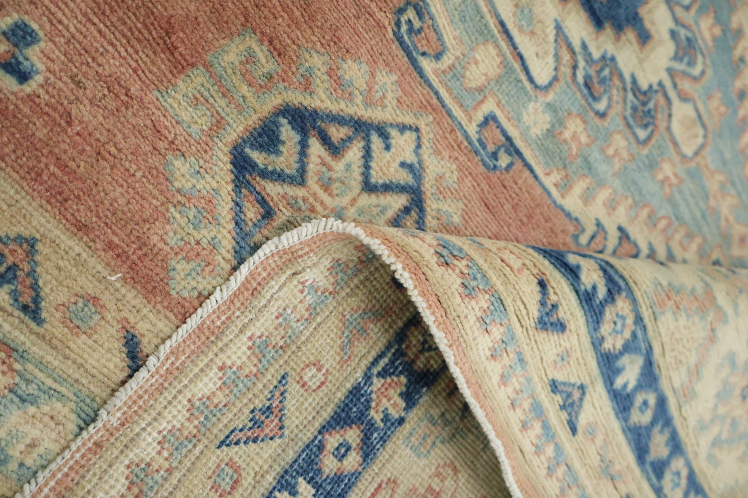 Luxurious Muted Coral Salmon-Pink Kazak South-western Rug with Blue and Beige Accents 8x10