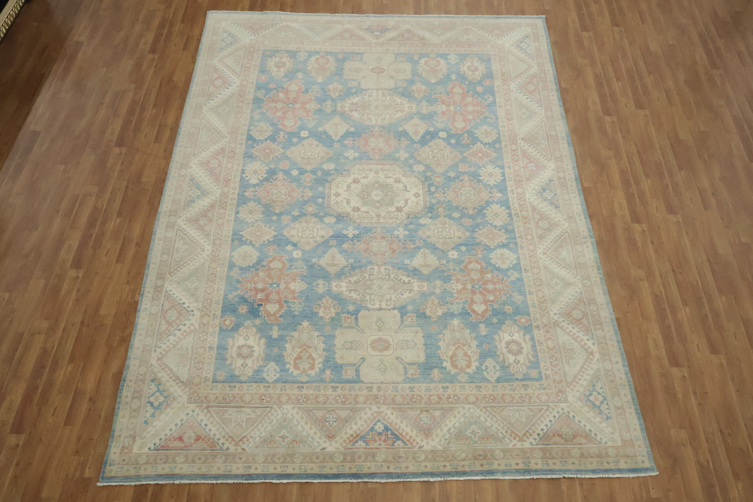 Geometric Blue Wool Traditional Kazak Area Rug 9x12