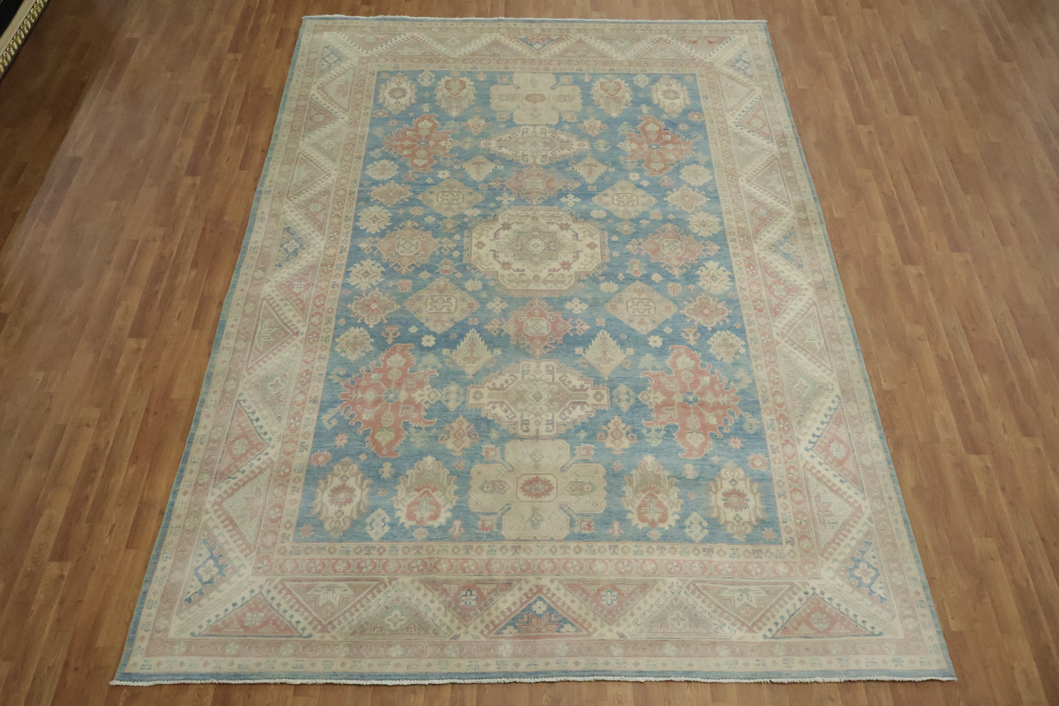 Geometric Blue Wool Traditional Kazak Area Rug 9x12
