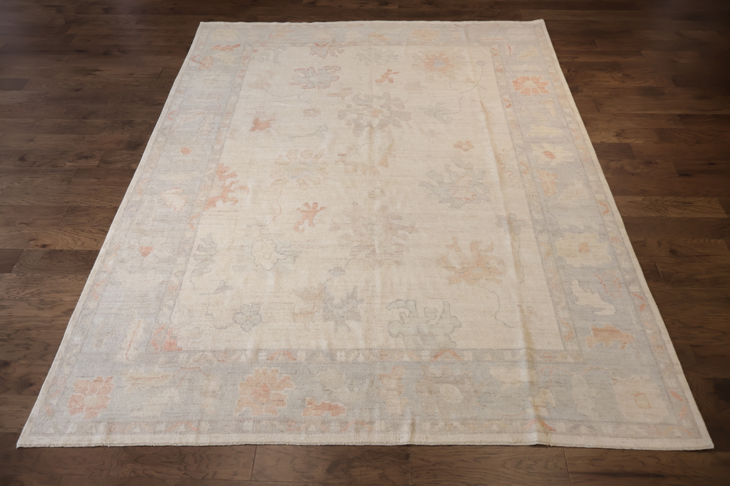 Vintage-Inspired Beige Oushak Oriental Wool Rug with Subtle Floral Motifs 9x12