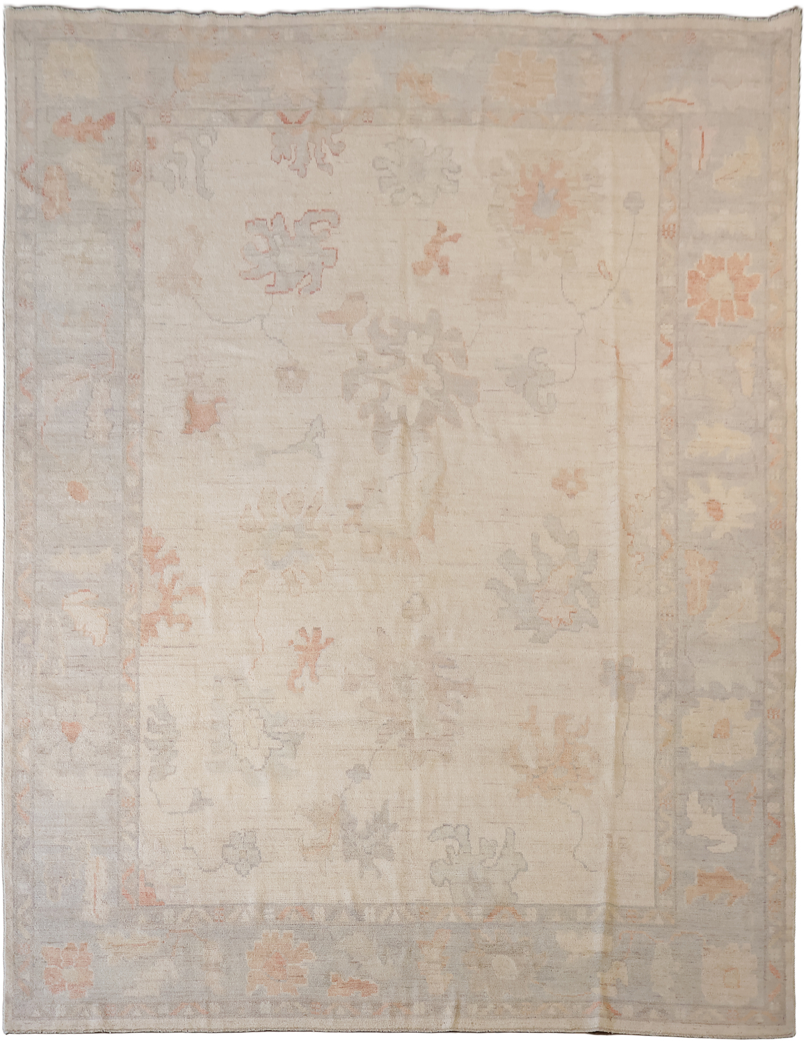 Vintage-Inspired Beige Oushak Oriental Wool Rug with Subtle Floral Motifs 9x12