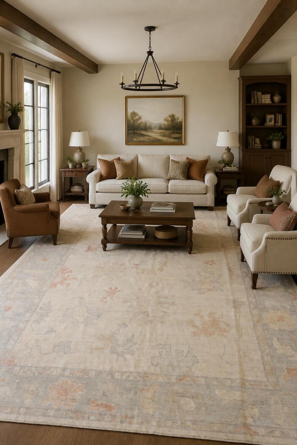 Vintage-Inspired Beige Oushak Oriental Wool Rug with Subtle Floral Motifs 9x12