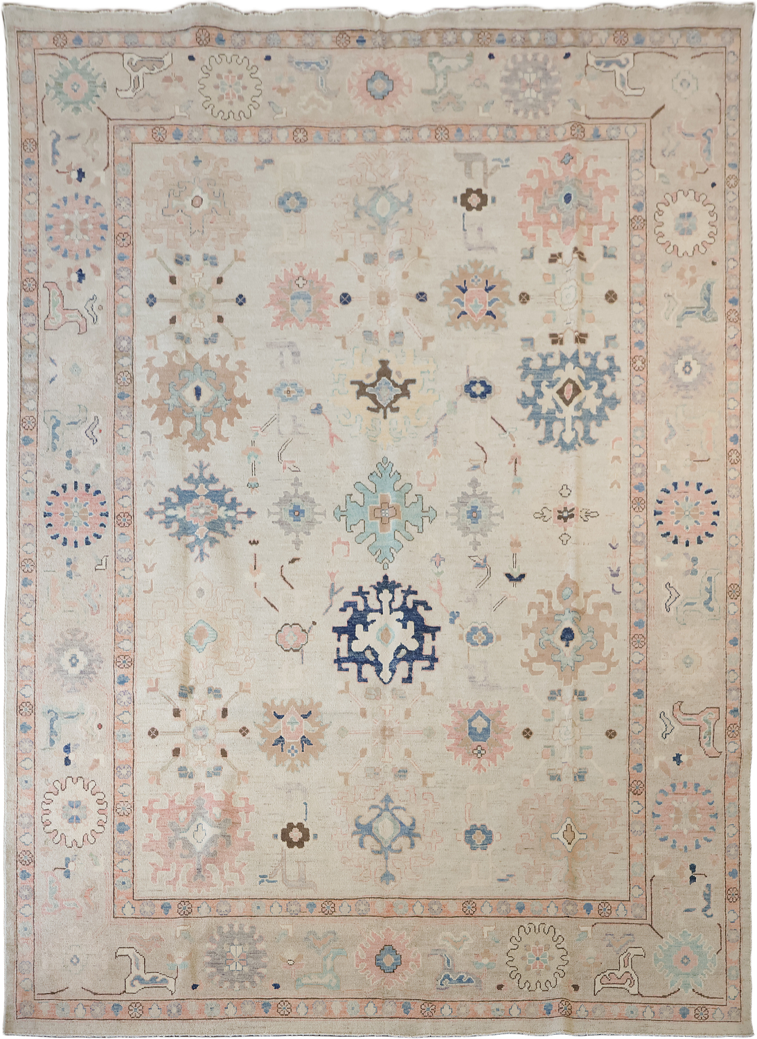Classic Handwoven Oushak Oriental Wool Rug in Neutral Colors and Vintage Style 9x12