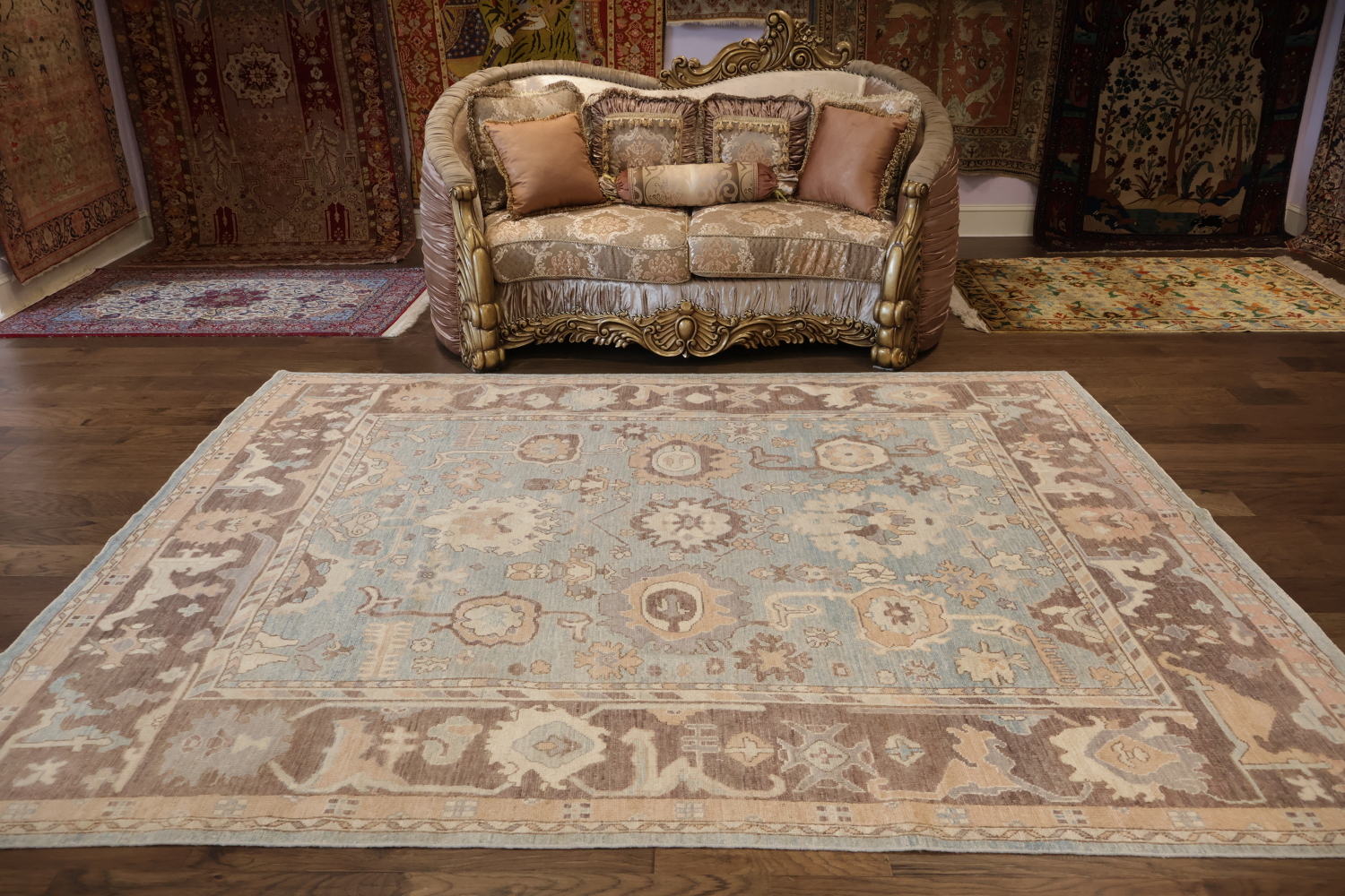 Artisan Crafted Grey Oriental Wool Oushak Rug Featuring Classic Floral Motifs 8x10