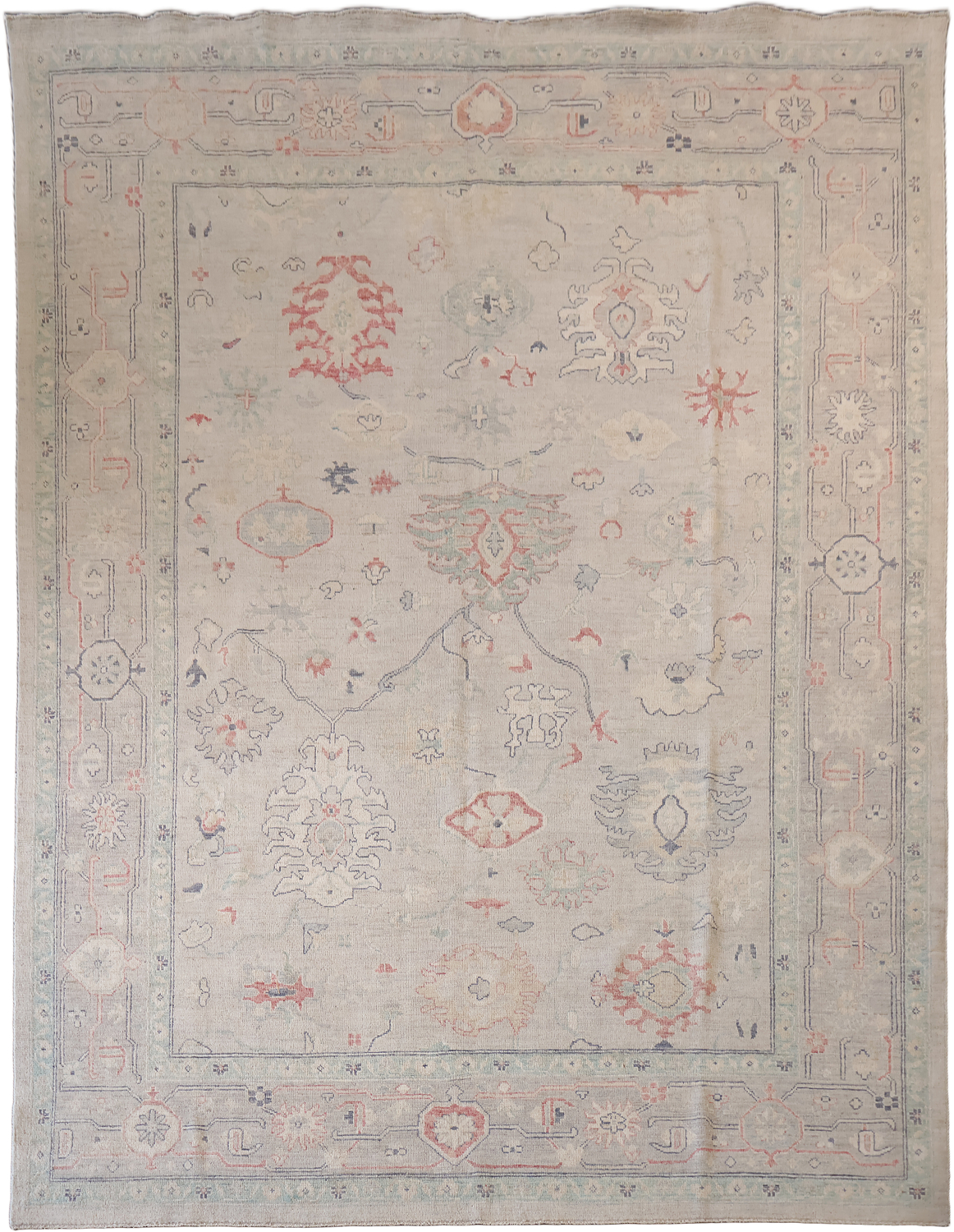 Vintage-Inspired Beige Oriental Oushak Wool Rug with Elegant Pattern Accents 9x12