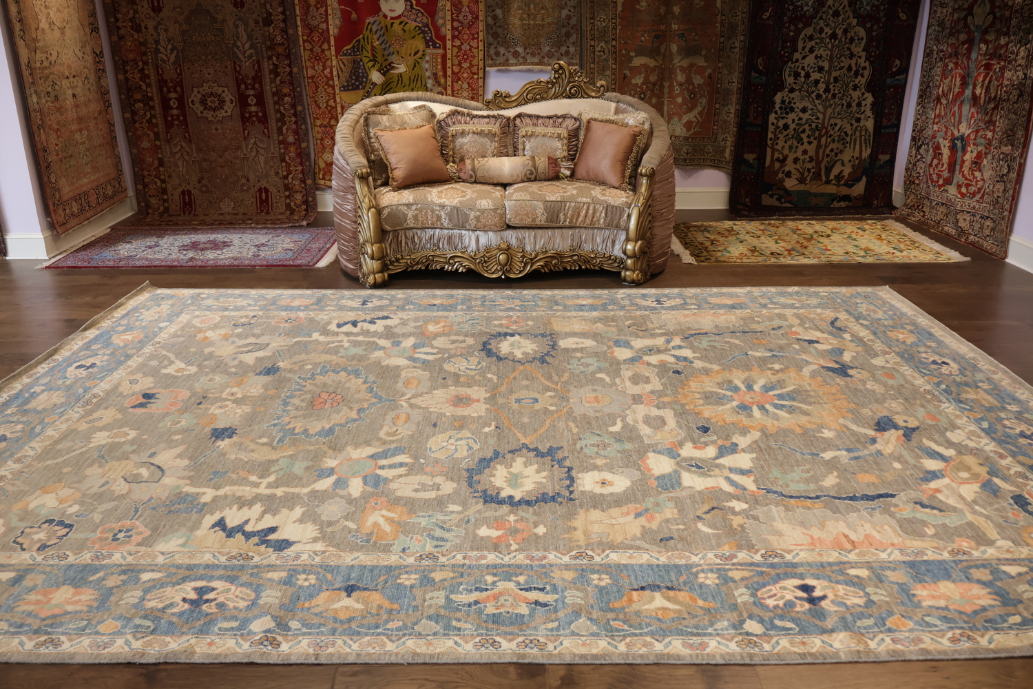 Classic Earth-Toned Oriental Wool Oushak Rug Featuring Intricate Floral Medallions 10x14