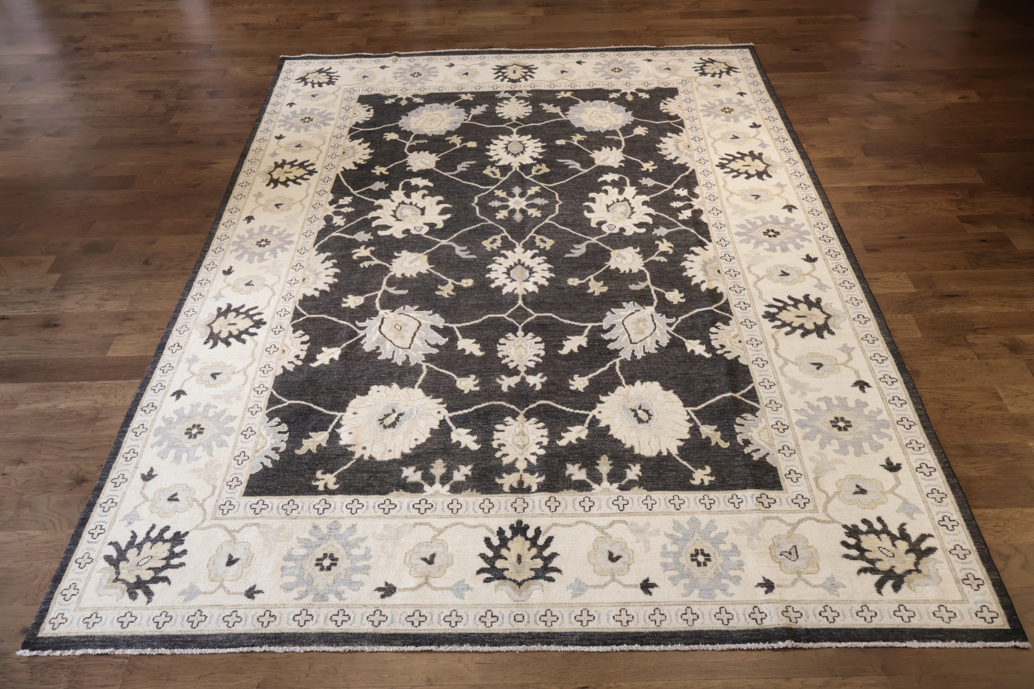 Palace Size Elegant Charcoal and Ivory Floral Oriental Wool Oushak Area Rug for Living Space 12x16