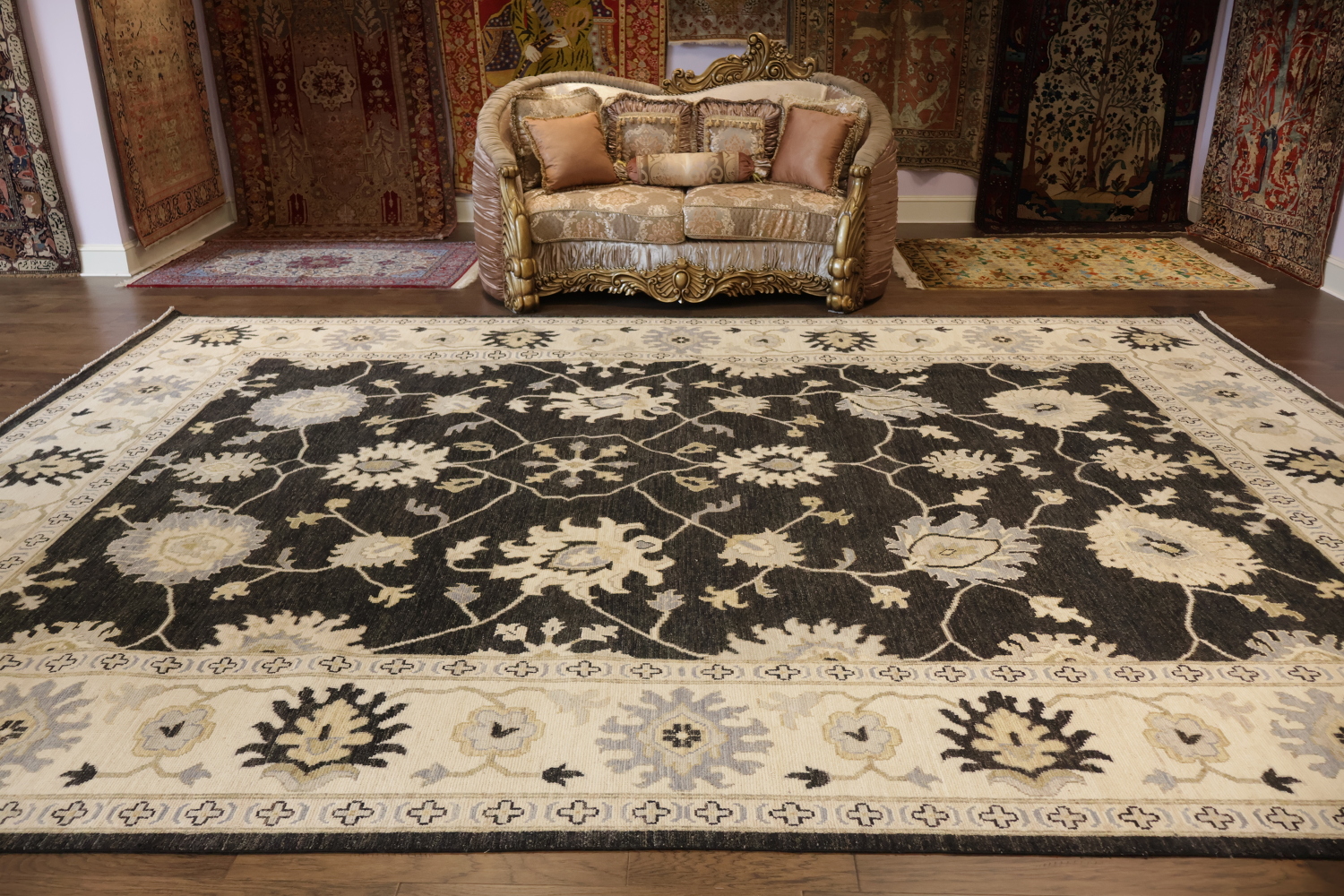 Palace Size Elegant Charcoal and Ivory Floral Oriental Wool Oushak Area Rug for Living Space 12x16