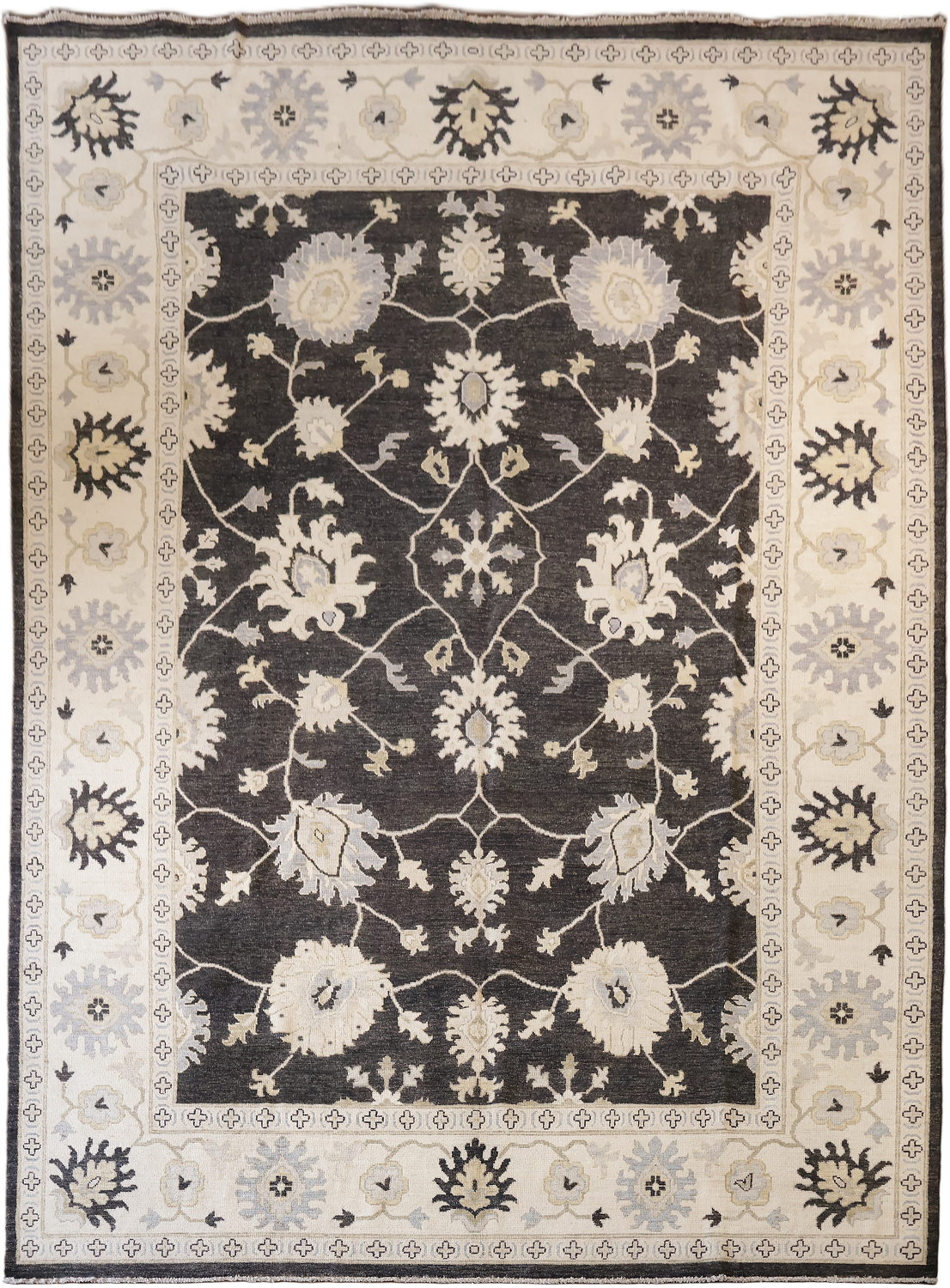 Palace Size Elegant Charcoal and Ivory Floral Oriental Wool Oushak Area Rug for Living Space 12x16