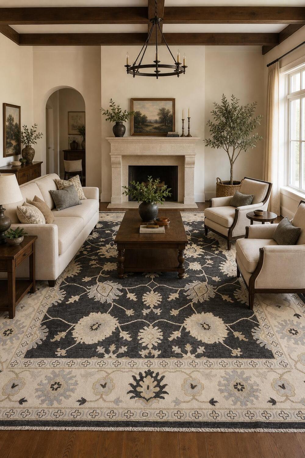 Palace Size Elegant Charcoal and Ivory Floral Oriental Wool Oushak Area Rug for Living Space 12x16