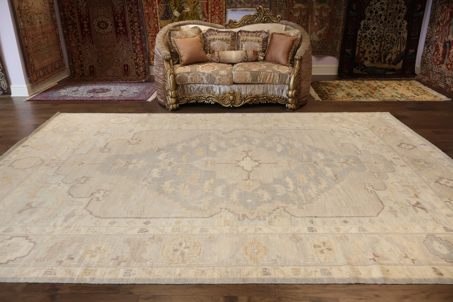 Vintage-style beige Wool Oriental Oushak rug with intricate geometric patterns 10x14