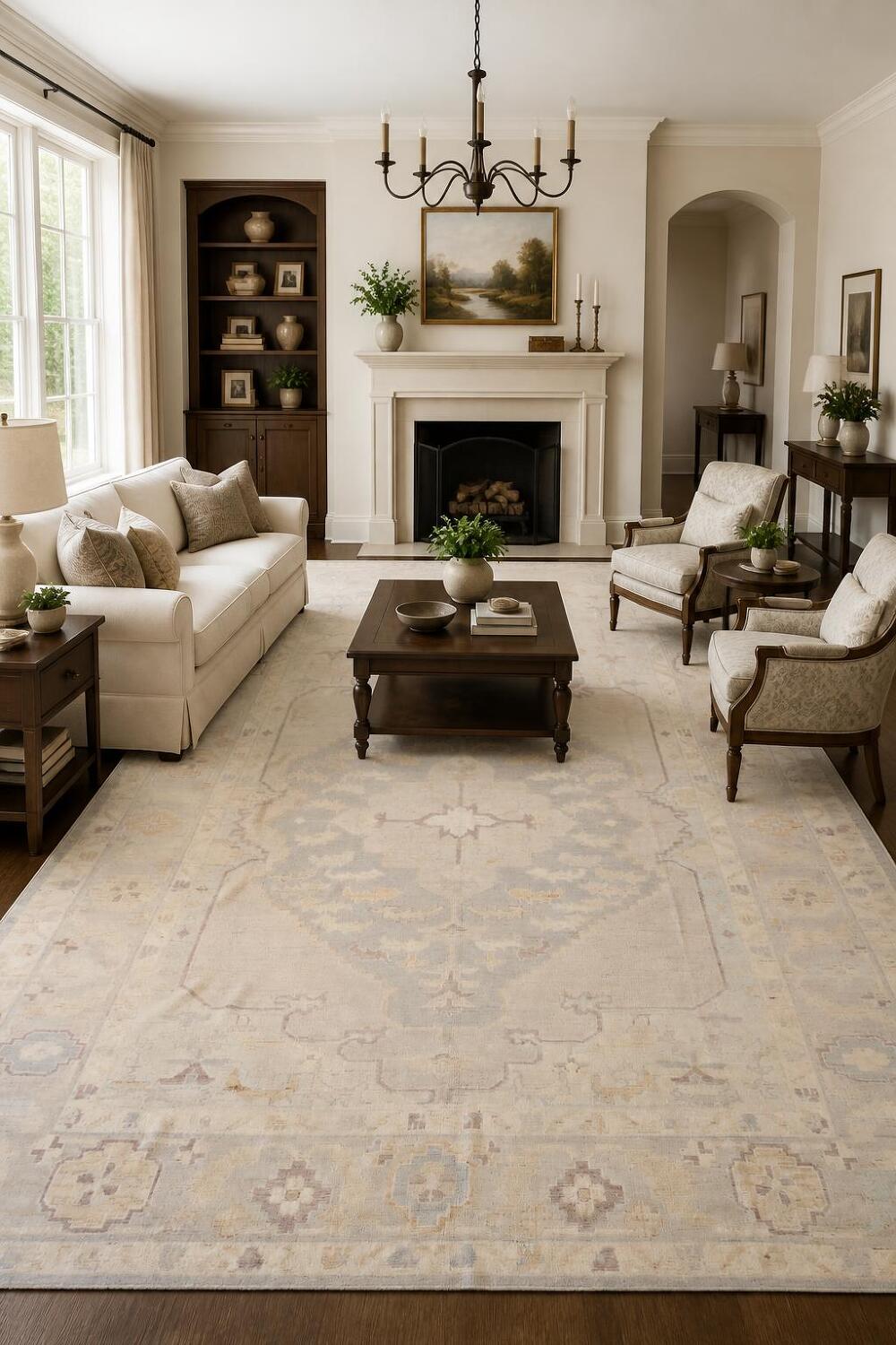 Vintage-style beige Wool Oriental Oushak rug with intricate geometric patterns 10x14